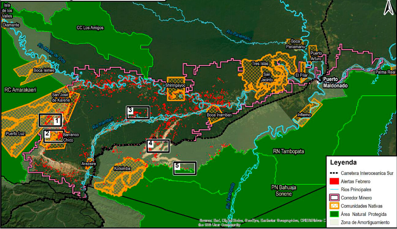 MINERÍA. En febrero, las alertas en Madre de Dios respecto a la pérdida de bosques aumentaron por seis.