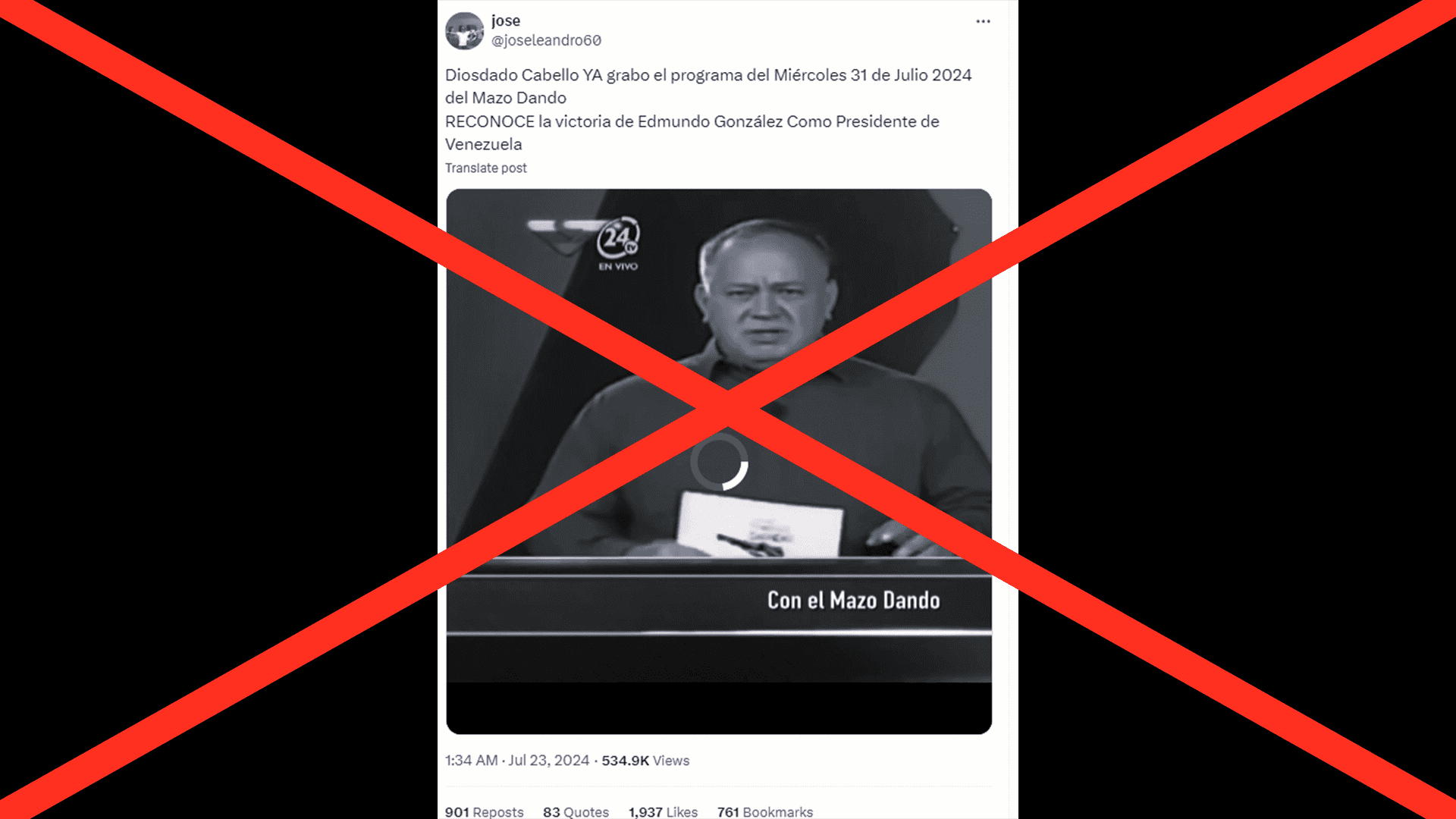 Es falso el video del diputado venezolano Diosdado Cabello en el que admite el triunfo del candidato opositor Edmundo Gonzáles